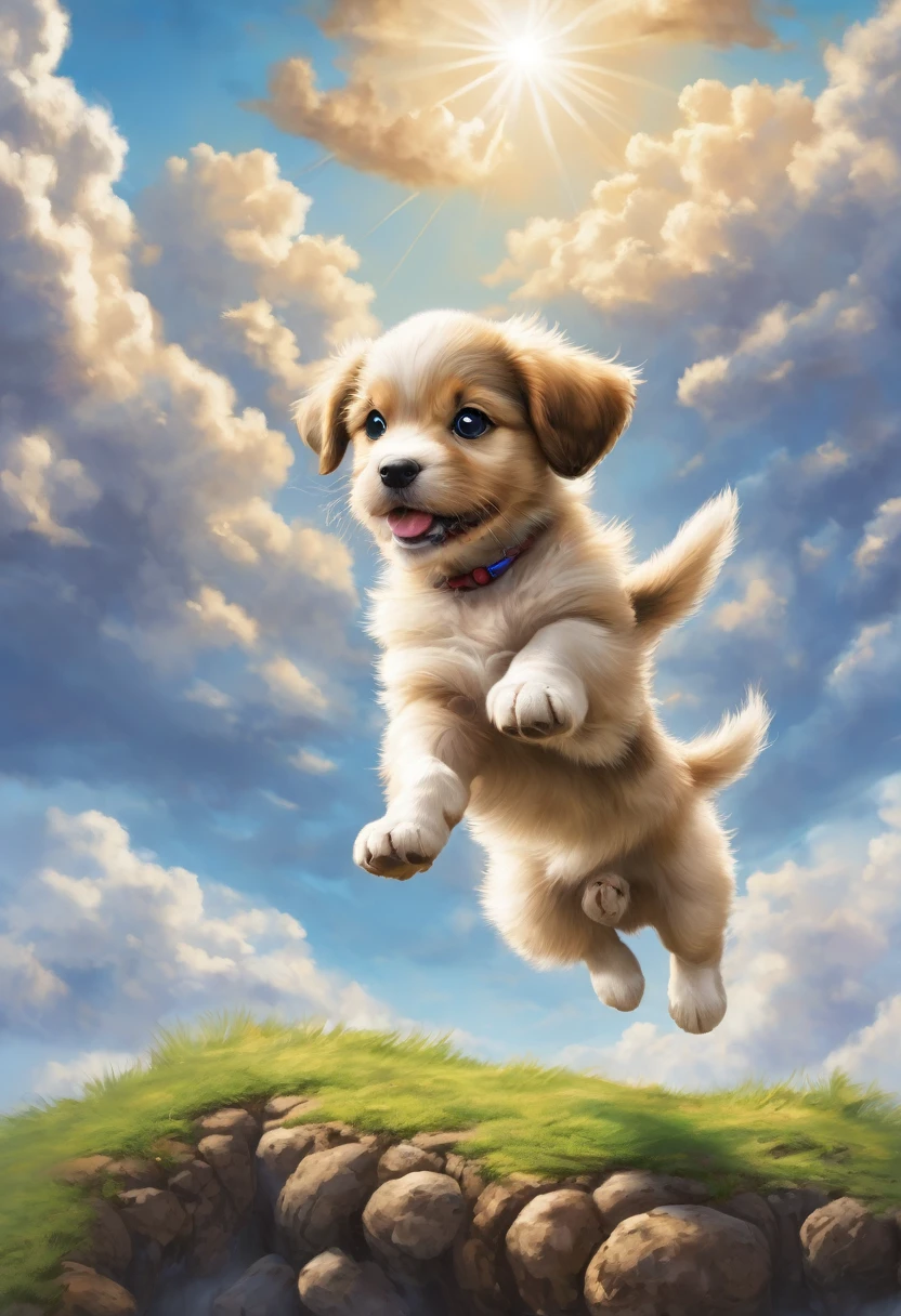 A puppy is jumping among the clouds