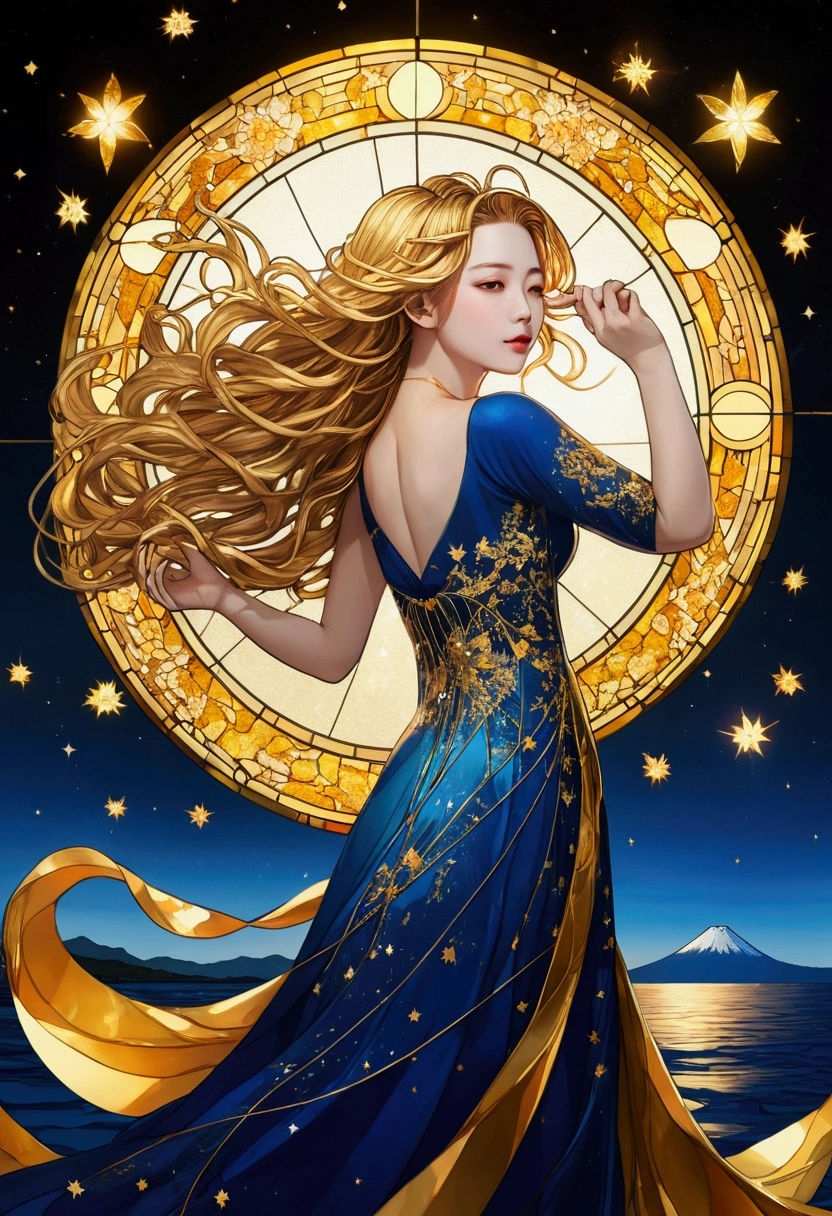 mount. Mount Fuji can be seen at sunrise beyond Enoshima( Absurd , high quality , Super detailed, Watch your hands )Zodiac sign - Goddess of Sagittarius , Similar to the goodness of Latin . Optimistic, fair, Funny and intelligent face . recklessness, Ruthless, impatient, Overconfident style . Dark blue eyes (Eye details) , Sparkling deep blue hair , Transparent dress , In the sea of shining stars , whole body , Nature of fire , God Chiron(masterpiece, Highest quality, Highest quality,Official Art, beautifully、Super Gold Hairstyle、aesthetic:1.2),(One girl:1.3), One girl BREAK stained glass art, Colored Glass, Lead wire, Light transmission BREAK Vivid colors, Intricate Design, Glowing effect, Spiritual atmosphere、Background abstract korean strip dancer