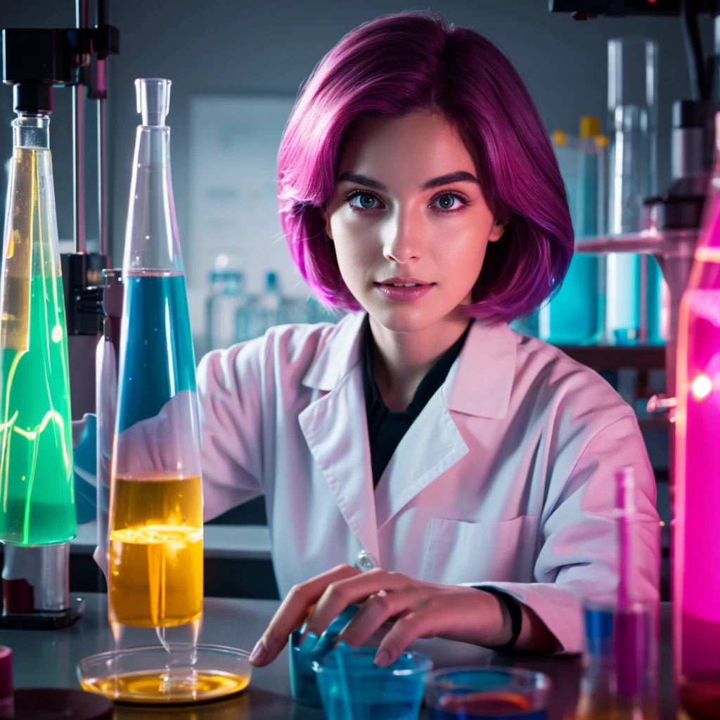 masterpiece, high quality image, 8k, realistic image, In the laboratory, there is a beautiful scientish with medium gradient magenta hair, doing experiments 