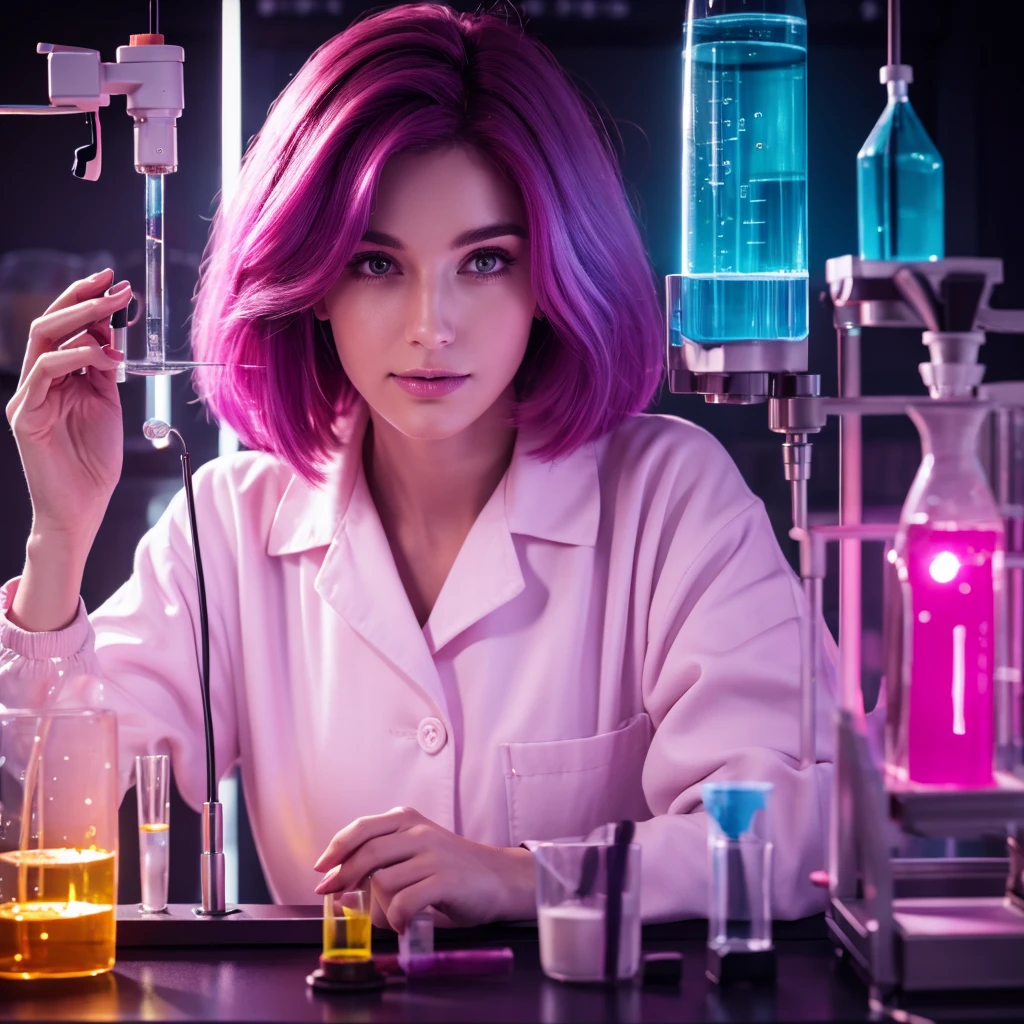 masterpiece, high quality image, 8k, realistic image, In the laboratory, there is a beautiful scientish with medium gradient magenta hair, doing experiments