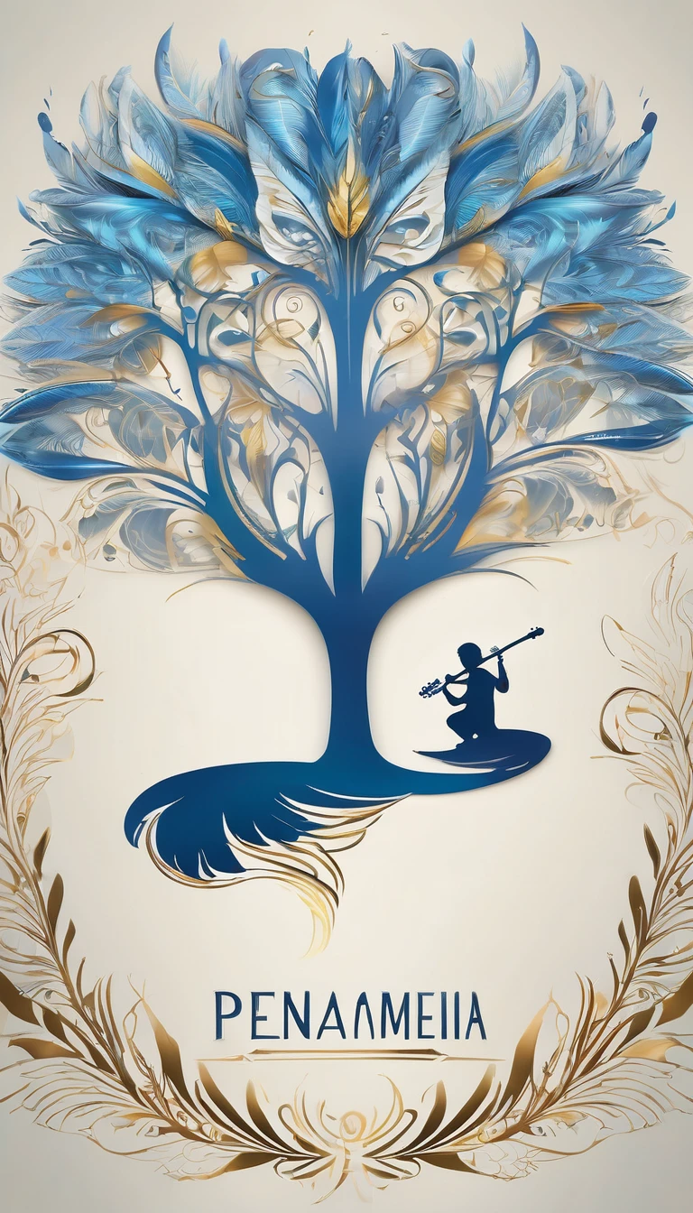 Create a cinematic, abstract symbol for a storytelling production brand based on stories and dreams called " Penamemoria". The logo should convey a fantasy theme and include the company of a boy and a feather. Fantastic, memorable, poetic, dreamy, sitting against a tree and playing guitar to a fantastic, unique, poetic white-blue-golden feather.
