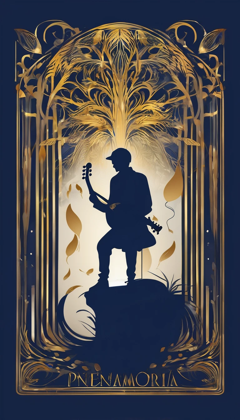 Create a cinematic, abstract symbol for a storytelling production brand based on stories and dreams called " Penamemoria". The logo should convey a fantasy theme and include the company of a boy and a feather. Fantastic, memorable, poetic, dreamy, sitting against a tree and playing guitar to a fantastic, unique, poetic white-blue-golden feather.