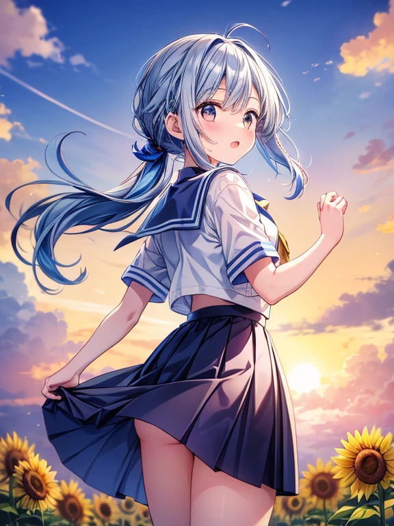 Composition looking up from below、Cumulonimbus clouds tower high in the sky、Sunflower field、A girl with blue hair tied in a ponytail、Short-sleeved sailor suit、Navy Blue Skirt、Look back and laugh、Long hair blowing in the wind