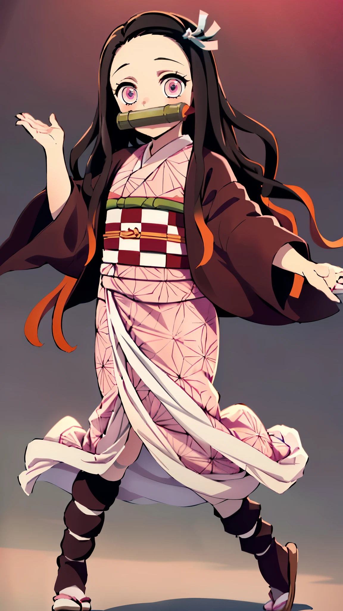 Masterpiece, best quality, high resolution, venus1, 1girl, solo, kamato nezuko, bamboo, brown hair, (((pink ribbon)) checkered belt, gag, gag, gradient hair, haori, japanese clothes, kimono, long hair, looking at the audience, pink eyes, pink kimono, pink ribbon, solo, full body, for mobile wallpaper