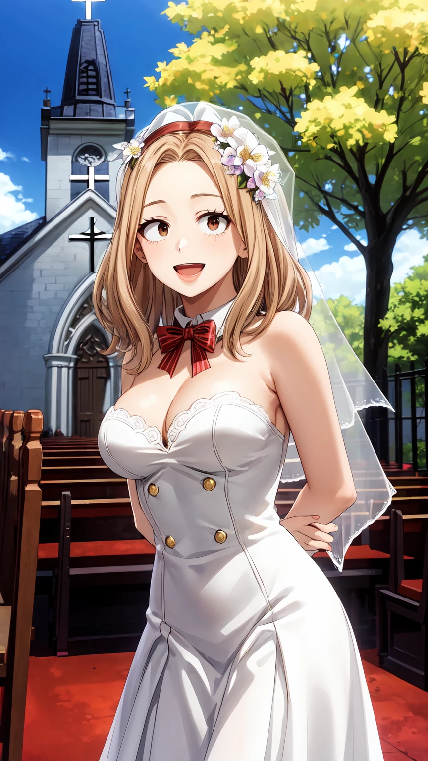 Masterpiece ,best quality , high resolution , (1 girl solo:1.38) , (camie, long hair, brown hair, brown eyes , lipstick , eyeliner) , (cleavage:1.2) , (medium breast:1.28) , (wear wedding veil , white long skirt , white gown , white lace stockings , bow , knot   ) , (cleavage:1.15) , (big breast:1.1) , (face view  , cowboy_shot) , (hands behind back , arms behind back( ,  (tilted head , smiling , open mouth) , (outdoor , church , tree , flower , sky)