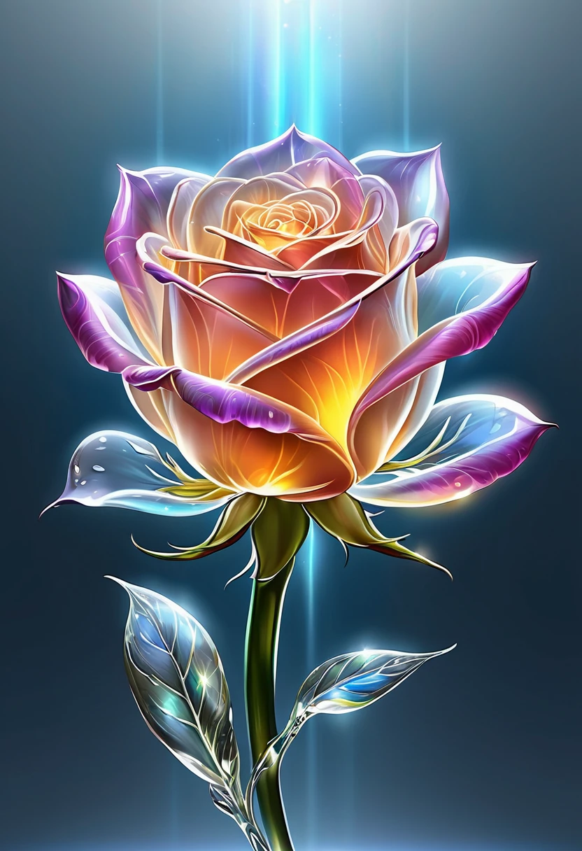 Stunning large translucent glass rosebud digital illustration , detailed, refraction, reflective, (Transparent petals reveal (Glowing female figure)) . The award-winning, professional, highly detailed