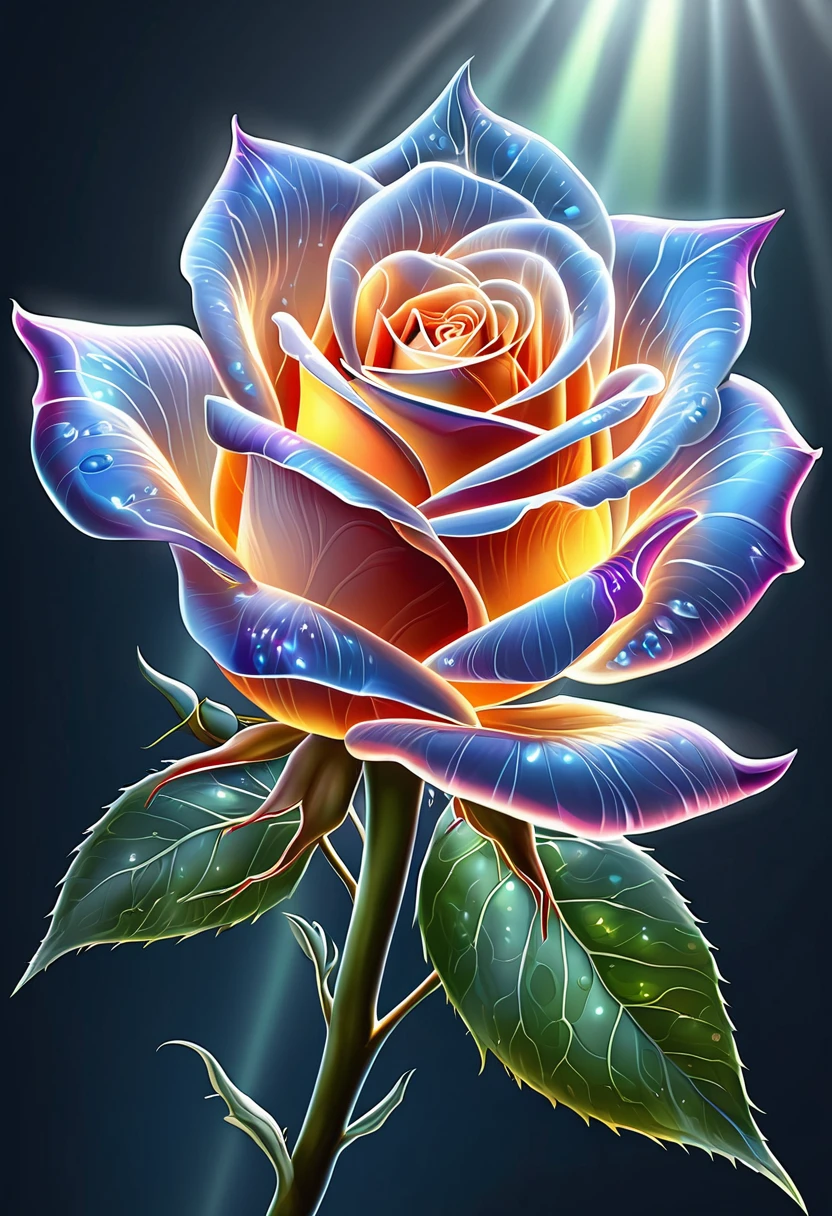 Stunning large translucent glass rosebud digital illustration , detailed, refraction, reflective,  (Transparent petals reveal (Glowing female figure)) . The award-winning, professional, highly detailed