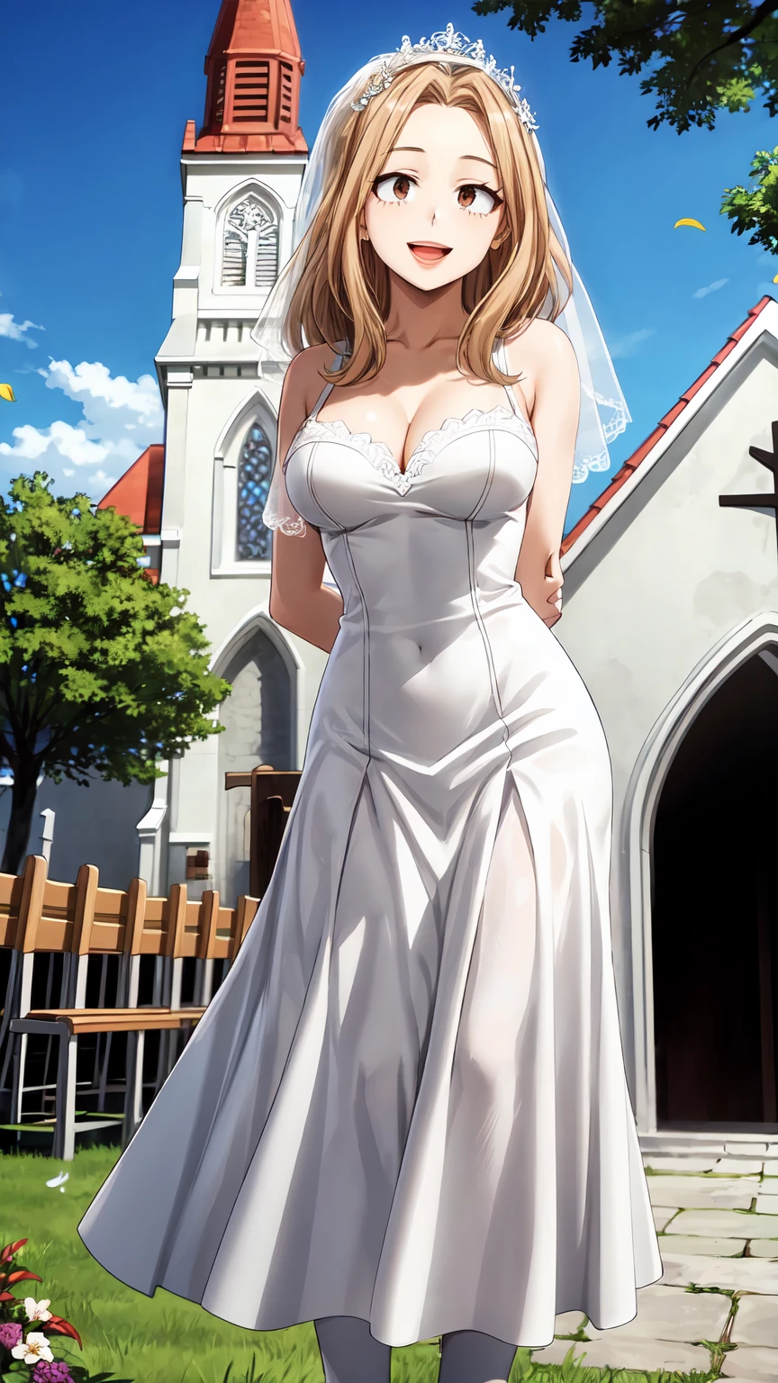 Masterpiece ,best quality , high resolution , (1 girl solo:1.38) , (camie, long hair, brown hair, brown eyes , lipstick , eyeliner) , (cleavage:1.2) , (medium breast:1.28) , (wear wedding veil , white long skirt , white gown , white lace stockings , bow , knot   ) , (cleavage:1.15) , (big breast:1.1) , (face view  , cowboy_shot) , (hands behind back , arms behind back( ,  (tilted head , smiling , open mouth) , (outdoor , church , tree , flower , sky)