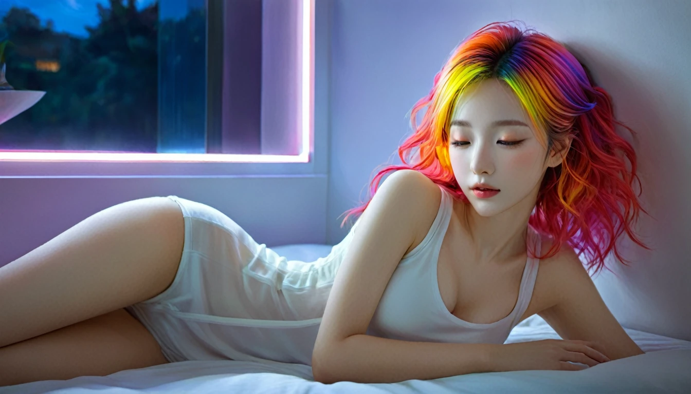(best quality,8ก,Very detailed:1.2),(CG,CG art,3D rendering),(Masterpiece:1.2),(Crawling on the table),(sexy clotheovie light,of the future),(woman lying in bed,sleep,Close your eyes),(A large window behind her,A quiet night.),(colorful hair:1.5)