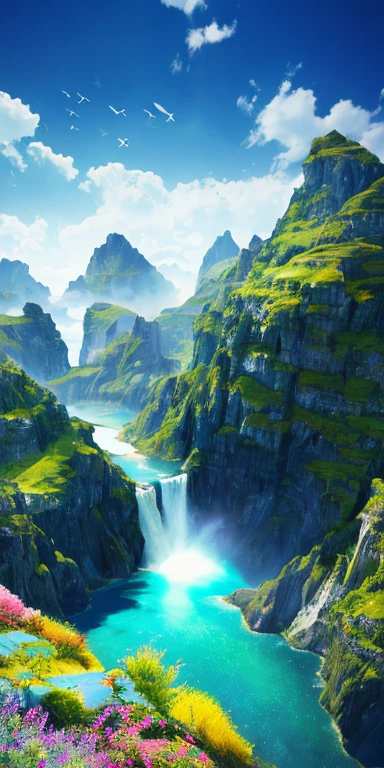 masterpiece, best quality, high quality, Extremely detailed CG unity 8k wallpaper, landscape, outdoor, sky空, cloud, sky, No humans, Mountain, landscape, water, Tree, blue sky空, waterfall, cliff, nature, lake, river, cloudy sky空,Award-winning photography, Bokeh, Depth of Field, HDR, bloom, Chromatic Aberration ,Reality,Extremely detailed, complex, High Detail, dramatic, midjourney&#39;s Artwork
