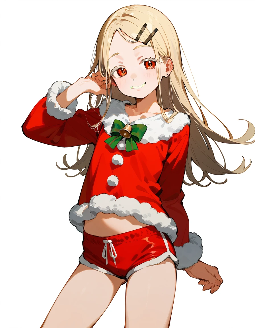 Highest quality, masterpiece, No correction, Beark 1 dhibi girl,shinosawa hiro,thin,Orange eyes,White eyelashes,Blonde,Long Hair,Hair Clip,cros hair clip,flat chest,white background,mini skkirt,smile,santa costume,hotpants,mustache,goatee