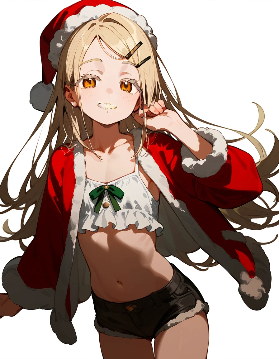 Highest quality, masterpiece, No correction, Beark 1 dhibi girl,shinosawa hiro,thin,Orange eyes,White eyelashes,Blonde,Long Hair,Hair Clip,cros hair clip,flat chest,white background,mini skkirt,smile,santa costume,hotpants,mustache,goatee