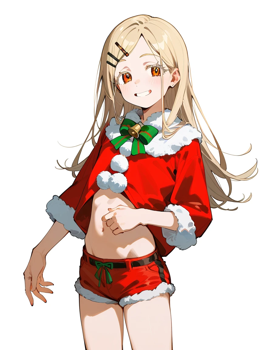 Highest quality, masterpiece, No correction, Beark 1 dhibi girl,shinosawa hiro,thin,Orange eyes,White eyelashes,Blonde,Long Hair,Hair Clip,cros hair clip,flat chest,white background,mini skkirt,smile,santa costume,hotpants,mustache,goatee
