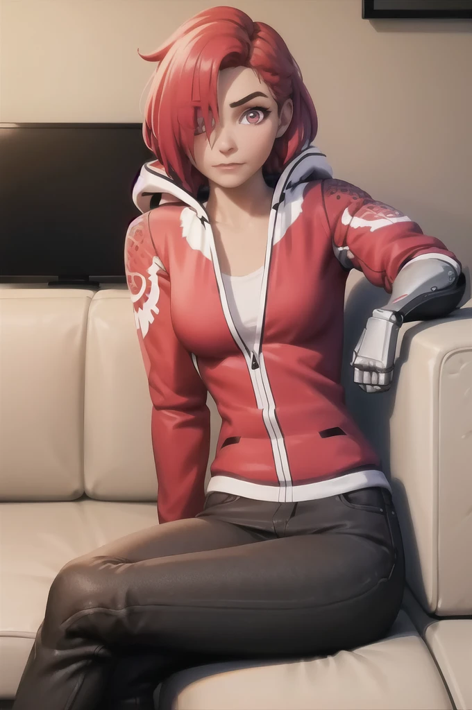 masterpiece, best quality, tari, red hoodie, black pants, single mechanical arm, couch, sitting, looking at viewer, hair over one eye, television, bored, tired 