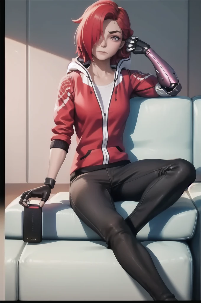 masterpiece, best quality, tari, red hoodie, black pants, single mechanical arm, couch, sitting, looking at viewer, hair over one eye, television, bored, tired 