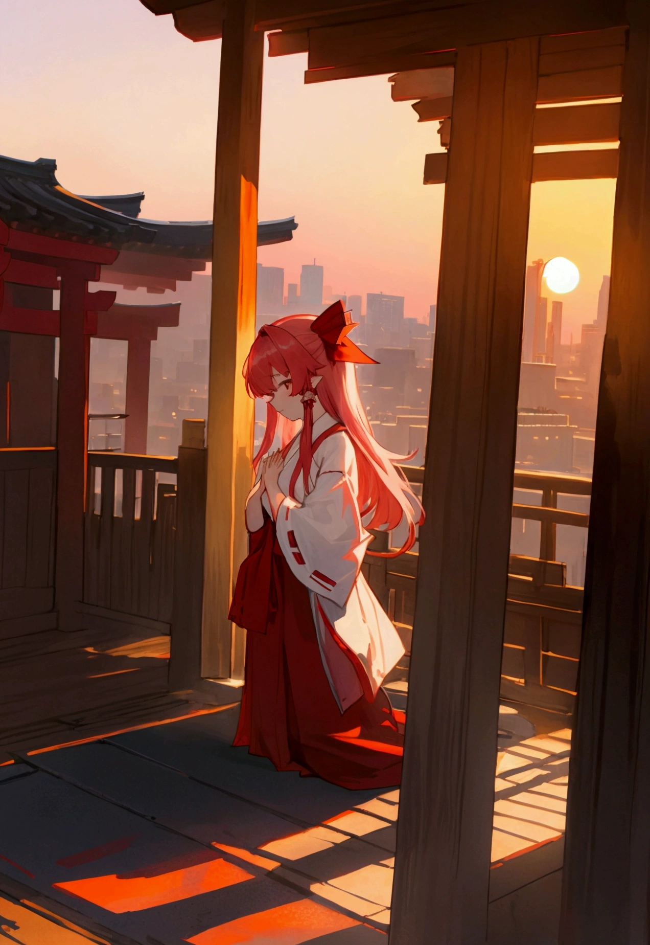 Shrine maiden，One person，pray，sunset，In the city
