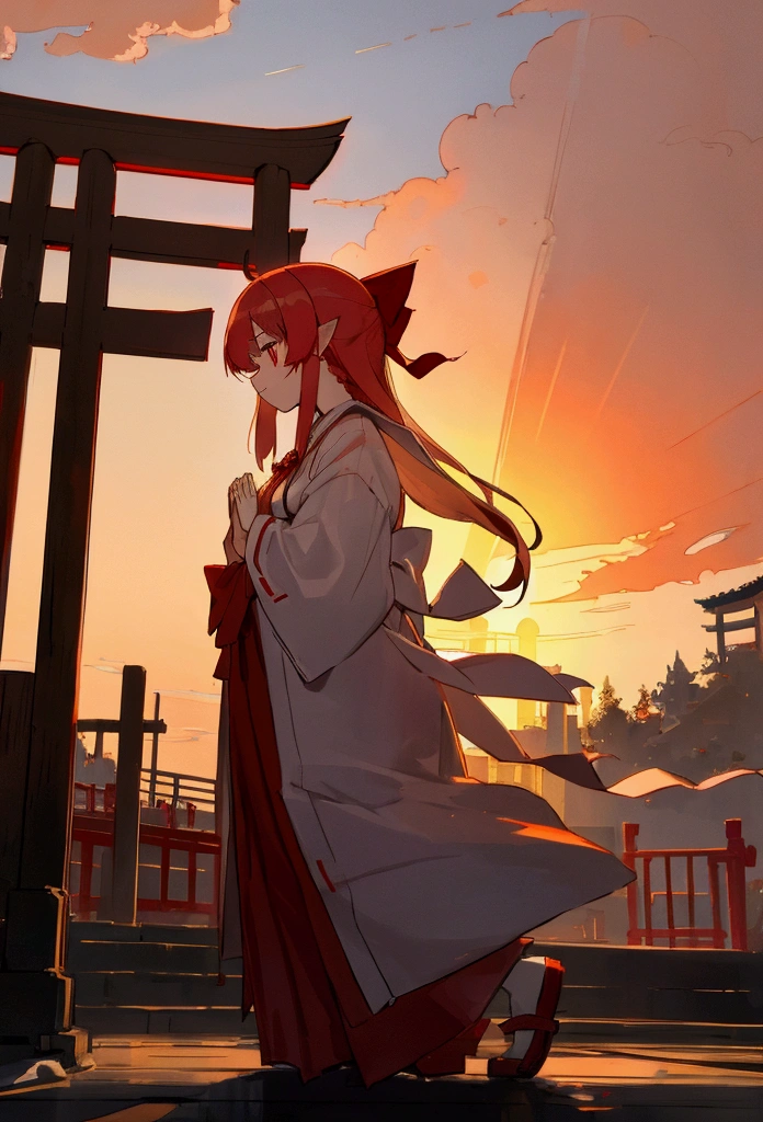 Shrine maiden,One person,pray,sunset,In the city