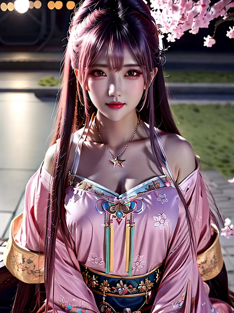 best quality, masterpiece, high resolution, 1 Girl,flirtatious，Seven colored hair，Oily and shiny lips，The transparency of clothes，（Show your shoulders），（chest），detail，（Upper Body）,Star-shaped pupil,china hanfu,Hair accessories,necklace, Jewelry,Pretty Face,Above_Body, Tyndall effect,Reality, Dark Studio, Rim Light, Two-tone lighting,(高detail皮肤:1.2), 8K uhd, Digital SLR Camera, Soft lighting, high quality, Volumetric Lighting, frank, photo, high resolution, 4K, 8K, Bokeh