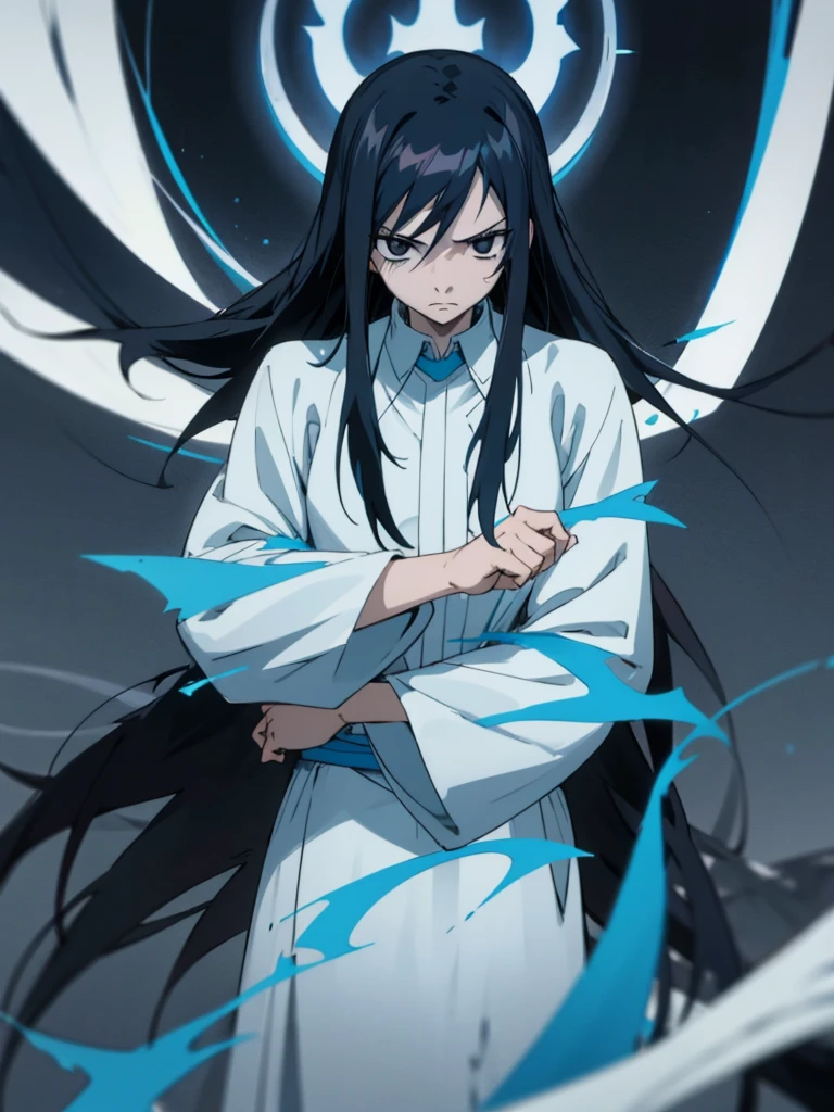 The image features an anime character with long black hair highlighted in blue. The characters have serious and calm expressions. They had large, clear black eyes and dark circles under them. They wore white robes over black high-collared shirts. The background of the picture is black.