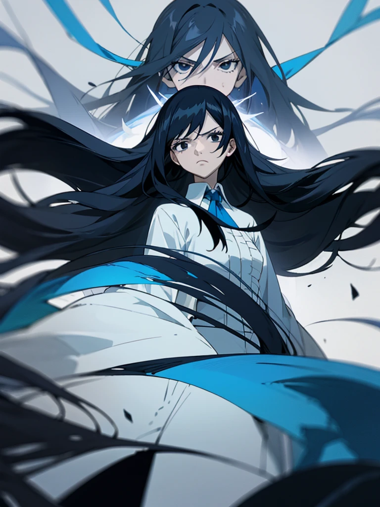 The image features an anime character with long black hair highlighted in blue. The characters have serious and calm expressions. They had large, clear black eyes and dark circles under them. They wore white robes over black high-collared shirts. The background of the picture is black.