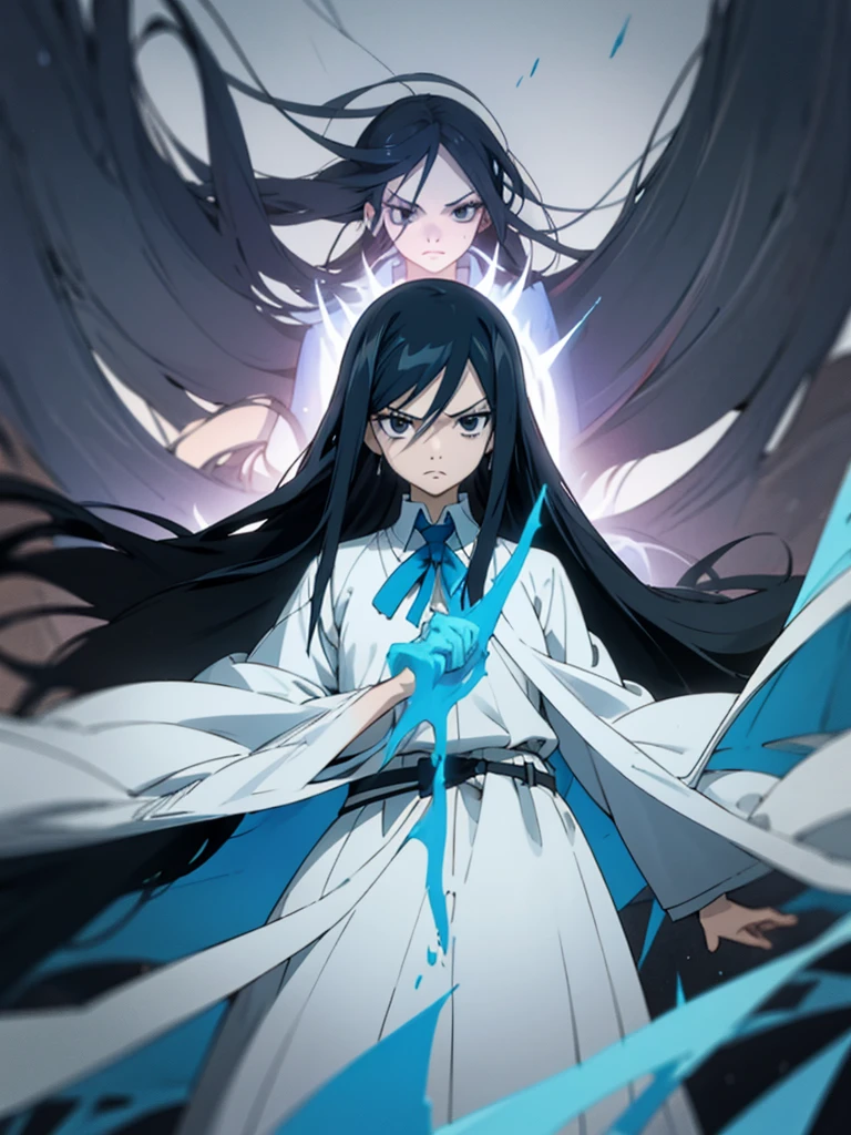 The image features an anime character with long black hair highlighted in blue. The characters have serious and calm expressions. They had large, clear black eyes and dark circles under them. They wore white robes over black high-collared shirts. The background of the picture is black.