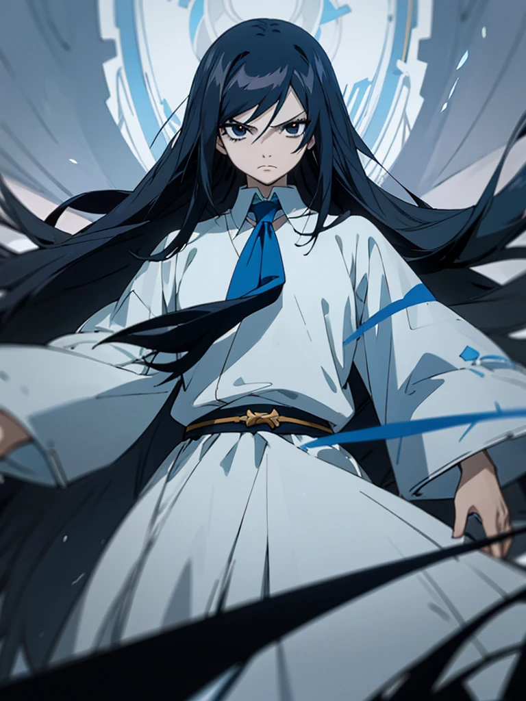 The image features an anime character with long black hair highlighted in blue. The characters have serious and calm expressions. They had large, clear black eyes and dark circles under them. They wore white robes over black high-collared shirts. The background of the picture is black.