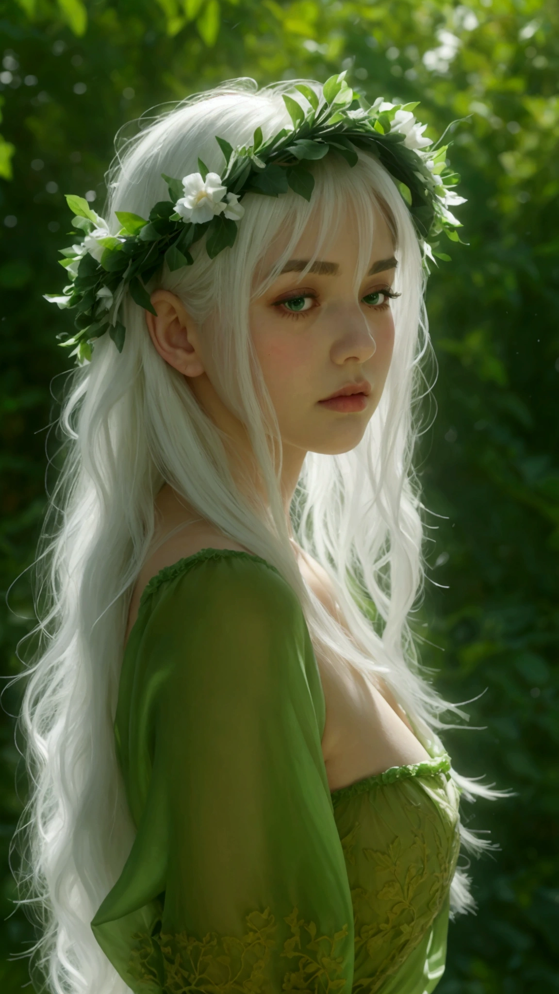 girl.  The face conveyed emotion.  Europe.  Oval Face.  Long face.  Delicate facial features.  close your eyes.  Seductively seductive.  Green Eyes.  Straight Long Hair.  Platinum White Hair.  A wreath on your head.  A slightly sad look.  Big body.  Thick thighs.  barefoot.  Simple green silk nightgown.  Standing pose.  Outdoor
