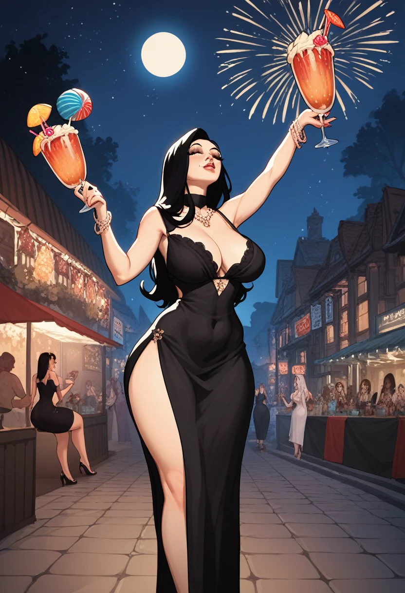 score_9, score_8_up, score_7_up, score_6_up, score_5_up, score_4_up, (source_anime), 2girls, (( white woman, long black hair, big breasts, mature woman, big ass, Long black dress, Long dress)), Distant vision, Low Illumination, Party, in public, party lights, horny, discreet, night, darkness, A girl hiden under the dress,