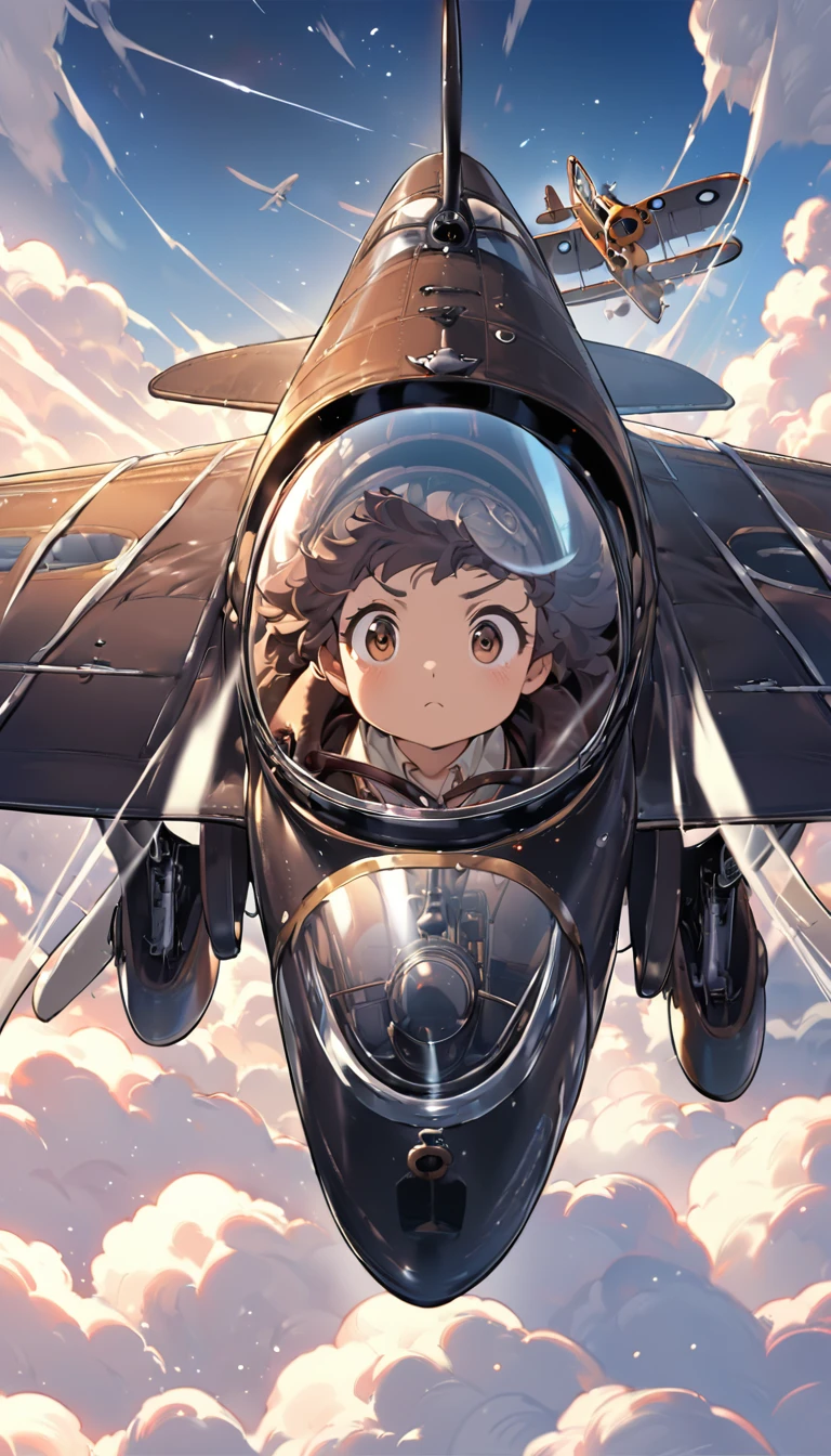 Highest quality, Highest quality, 16K, software, Unbelievably absurd, Very detailed, delicate and dynamic, Natural light, The particles reflect light beautifully, Diffuse reflection of light, Vortex of Light, Aerial, , cumulonimbus, , Create amazing image effects, Studio Ghibli, Body close-up, , (Cute Puppy,,,Serious,, Biplane pilot, Leather jacket,, Sit in the cockpit, Puppy pilots biplane)