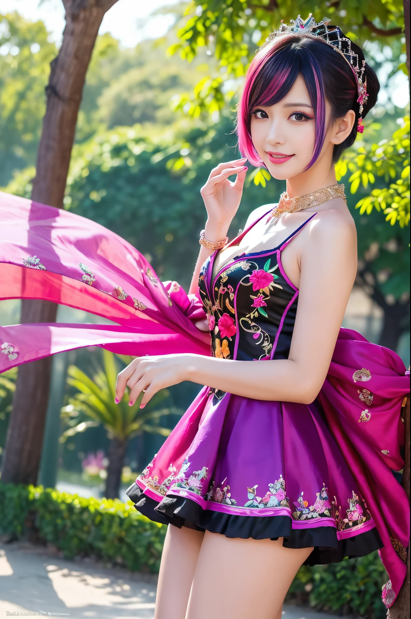 (masterpiece:1.4), (best quality:1.4), ultra high res, ultra high resolution, ((detailed facial features)), HDR, (realistic, photorealistic, photo-realistic:1.37), full body Esbian, sexy Vietnamese model, (-anime), vivid colors, ((vivid colors multicolor (pink, fuchsia, purple) very short hair)), (happy smile), lip-gloss, long lashes, ultra detailed metallic makeup, defined eyebrows, wearing large sparkling colorful jewelery, wearing a red silk Paradise Kiss cosplay dress with black floral embroidery, ((vivid colors outfit)), vivid colors, look at the camera, cinematic light, large park background with trees, sweet and sexy pose