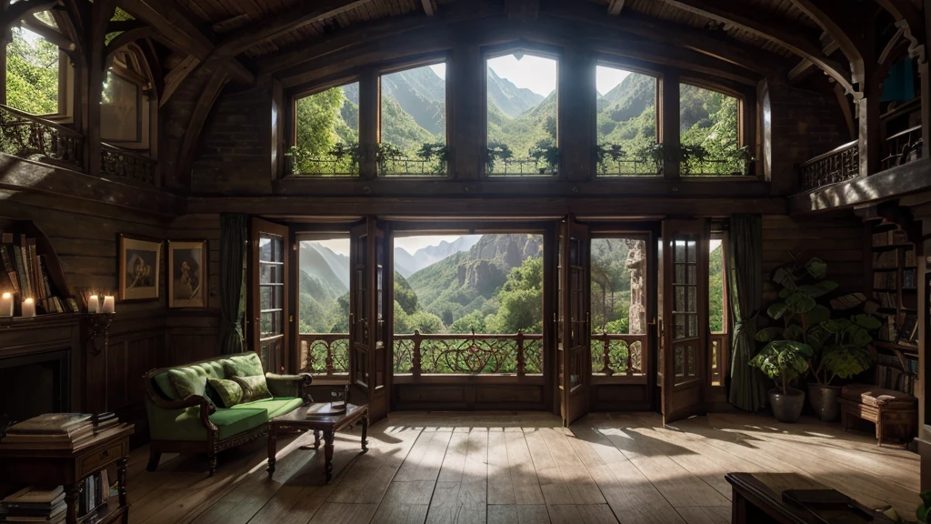 arafed view of a cozy library with a comfortable mossy green cushioned bench adorned with pillows, positioned directly below an intricately arched window that offers a breathtaking view of a tall mountainous and forest landscape. The window is divided into multiple sections by ornate and detailed gothic-style wooden frames. There is an open book perched on the cozy bench. The room is filled with lots of warm natural light and ivy-like green plants that highlight the lush greenery outside and add life to the scene. There is a lamp, books and lit candles scattered around, the ambience is serene and inviting, fantasy matte painting,cute, matte painting in fantasy style, elven palace of ghemathar, high quality matte painting, dreamy matte painting, 3d rendered matte painting, highly detailed matte painting, majestic matte painting, photorealistic matte painting, illustration matte painting, exquisite matte painting, fantasy matte painting