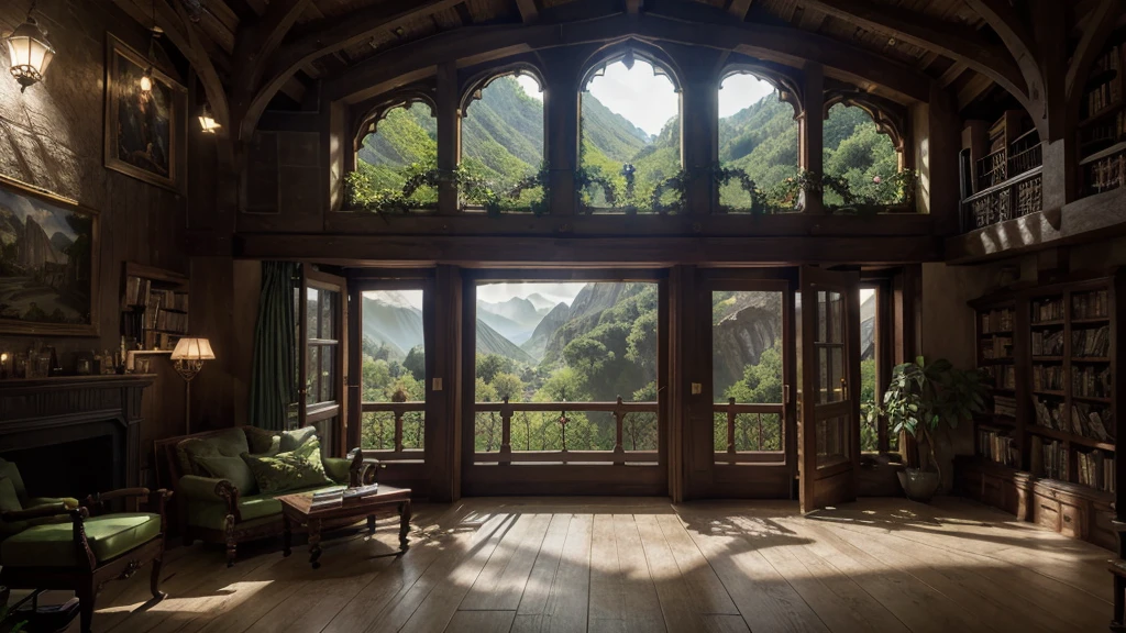 arafed view of a cozy library with a comfortable mossy green cushioned bench adorned with pillows, positioned directly below an intricately arched window that offers a breathtaking view of a tall mountainous and forest landscape. The window is divided into multiple sections by ornate and detailed gothic-style wooden frames. There is an open book perched on the cozy bench. The room is filled with lots of warm natural light and ivy-like green plants that highlight the lush greenery outside and add life to the scene. There is a lamp, books and lit candles scattered around, the ambience is serene and inviting, fantasy matte painting，cute, matte painting in fantasy style, elven palace of ghemathar, high quality matte painting, dreamy matte painting, 3d rendered matte painting, highly detailed matte painting, majestic matte painting, photorealistic matte painting, illustration matte painting, exquisite matte painting, fantasy matte painting