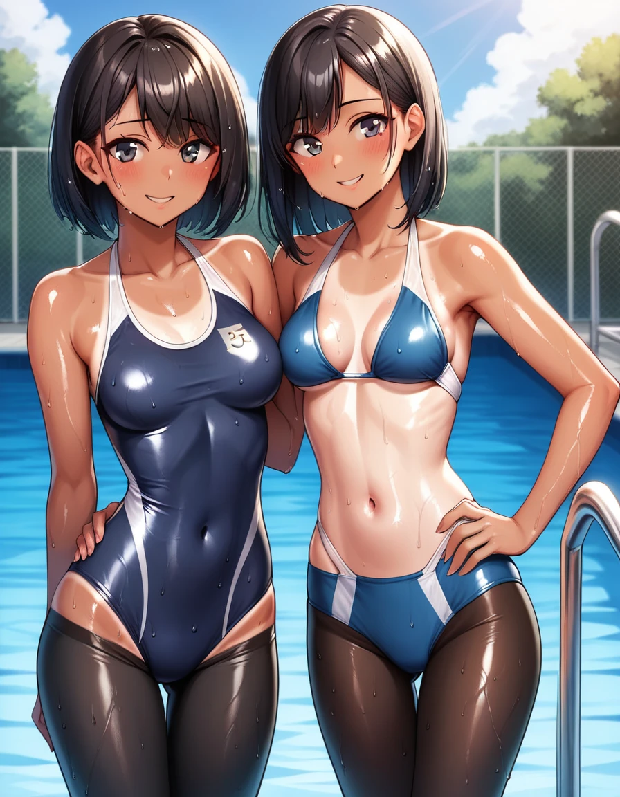 2人の女の子(,young girl ,short stature,gyaru)) ,flat chest,nsfw,plump,one-piece-swimsuit,big head、evilsmiling,black hair,long hair,bobcut.show ass,poolside,condom belt