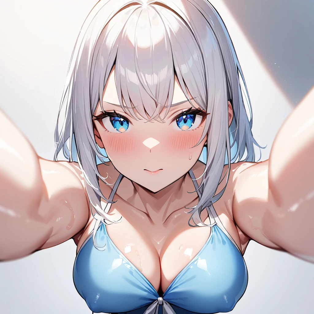 1girl,upper body,pov,face,light White hair,breasts,lblue eyes,(baby doll),(Covered nipples:1.3),medium breasts,Impossible swimsuit,tight skin,shiny skin,masterpiece, best quality, very aesthetic, absurdres,front view,looking at viewer