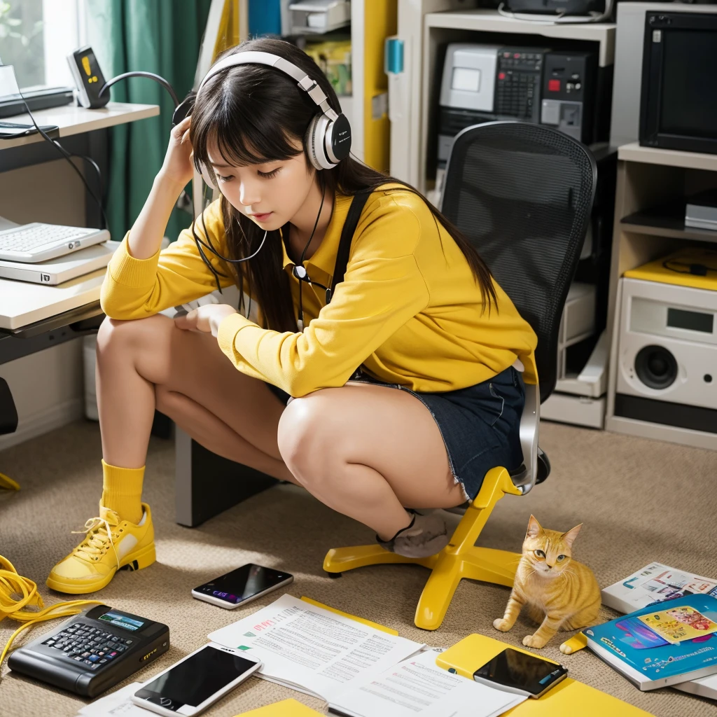 panty,yellow cat,smart phone,headphones,tape recorder,machines,computer,great girl