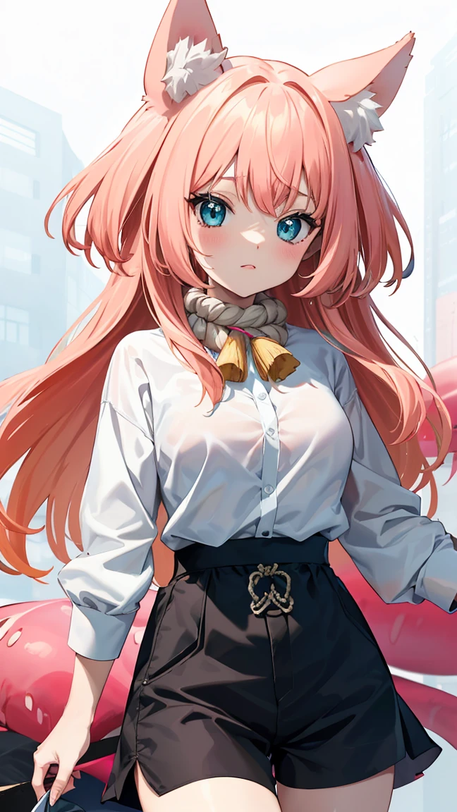 anime girl with pink hair and a white shirt and black shorts, holo is a wolf girl, holo if a wolf girl, seductive anime girl, humanoid pink female squid girl, attractive anime girl, haruno sakura, female anime character, anime girl named lucy, marin kitagawa fanart, fox nobushi, anime moe artstyle, cute anime catgirl, ruri, rope around neck, 