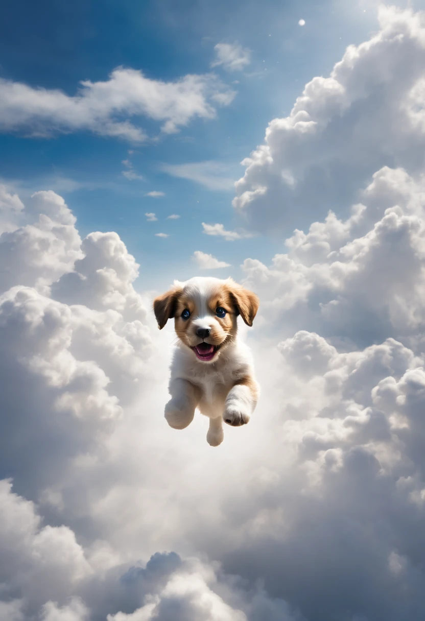 A puppy is jumping among the clouds