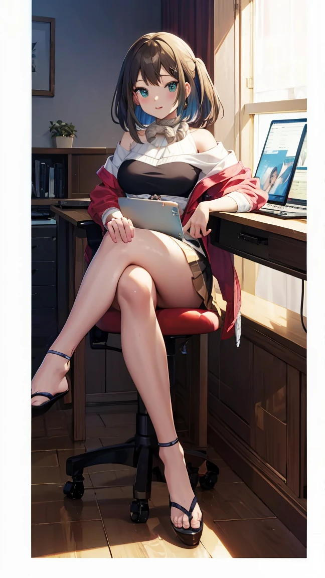 anime girl sitting in a chair with a computer desk in the background, an anime drawing by Kamagurka, pixiv, shin hanga, marin kitagawa fanart, (sfw) safe for work, anime moe artstyle, at pixiv, seductive anime girl, kantai collection style, commission for high res, smooth anime cg art, ruri, rope around neck, 