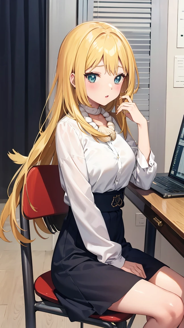 anime girl sitting in a chair with a computer desk in the background, an anime drawing by Kamagurka, pixiv, shin hanga, marin kitagawa fanart, (sfw) safe for work, anime moe artstyle, at pixiv, seductive anime girl, kantai collection style, commission for high res, smooth anime cg art, ruri, rope around neck, 