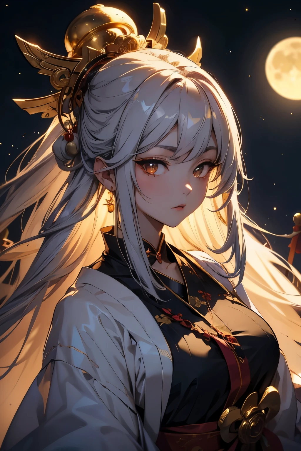 Tsukuyomi，Upper body close-up。This is the figure of a shrine maiden.。On his head he wears a gold ornament。hair is black。The background is the glow of the moon。She is a charming goddess。resolution，8k、masterpiece