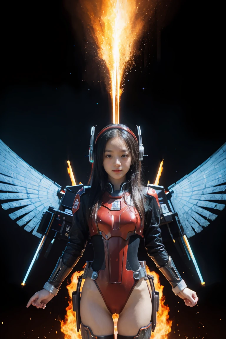 1girl, Absurd resolution, high resolution, (masterpiece: 1.4), hyper-detail, a mech, red armor with cybernetic red wings, floating flight in the sky (1.8) background is wild, fire, full bodysuit,