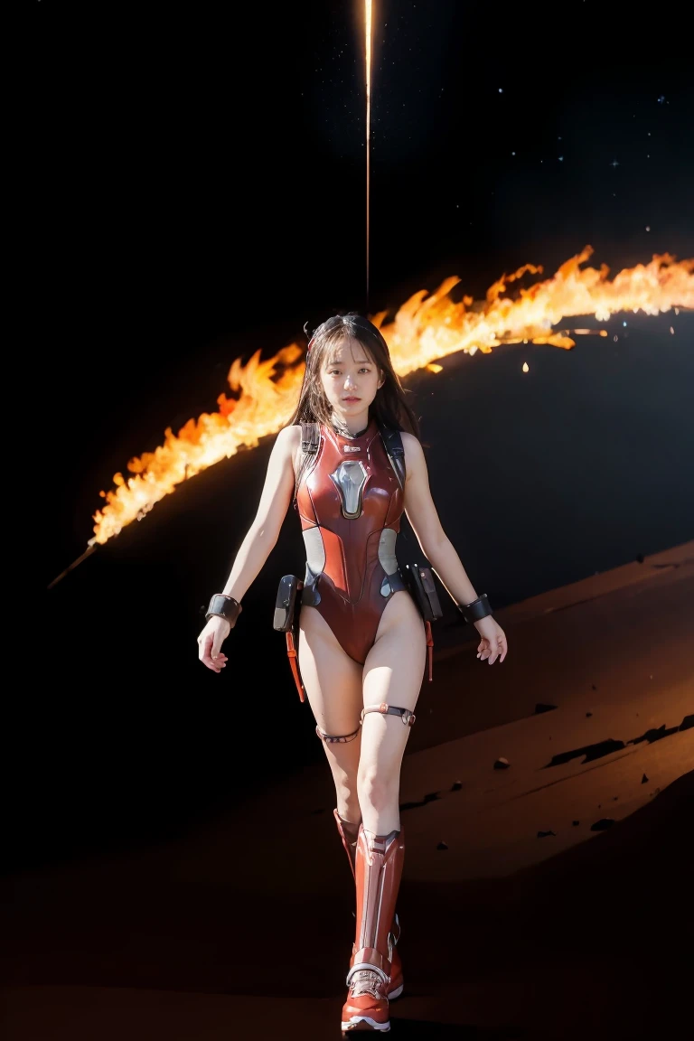 1girl, Absurd resolution, high resolution, (masterpiece: 1.4), hyper-detail, a mech, red armor with cybernetic red wings, floating flight in the sky (1.8) background is wild, fire, full bodysuit,