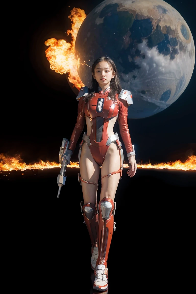 1girl, Absurd resolution, high resolution, (masterpiece: 1.4), hyper-detail, a mech, red armor with cybernetic red wings, floating flight in the sky (1.8) background is wild, fire, full bodysuit,