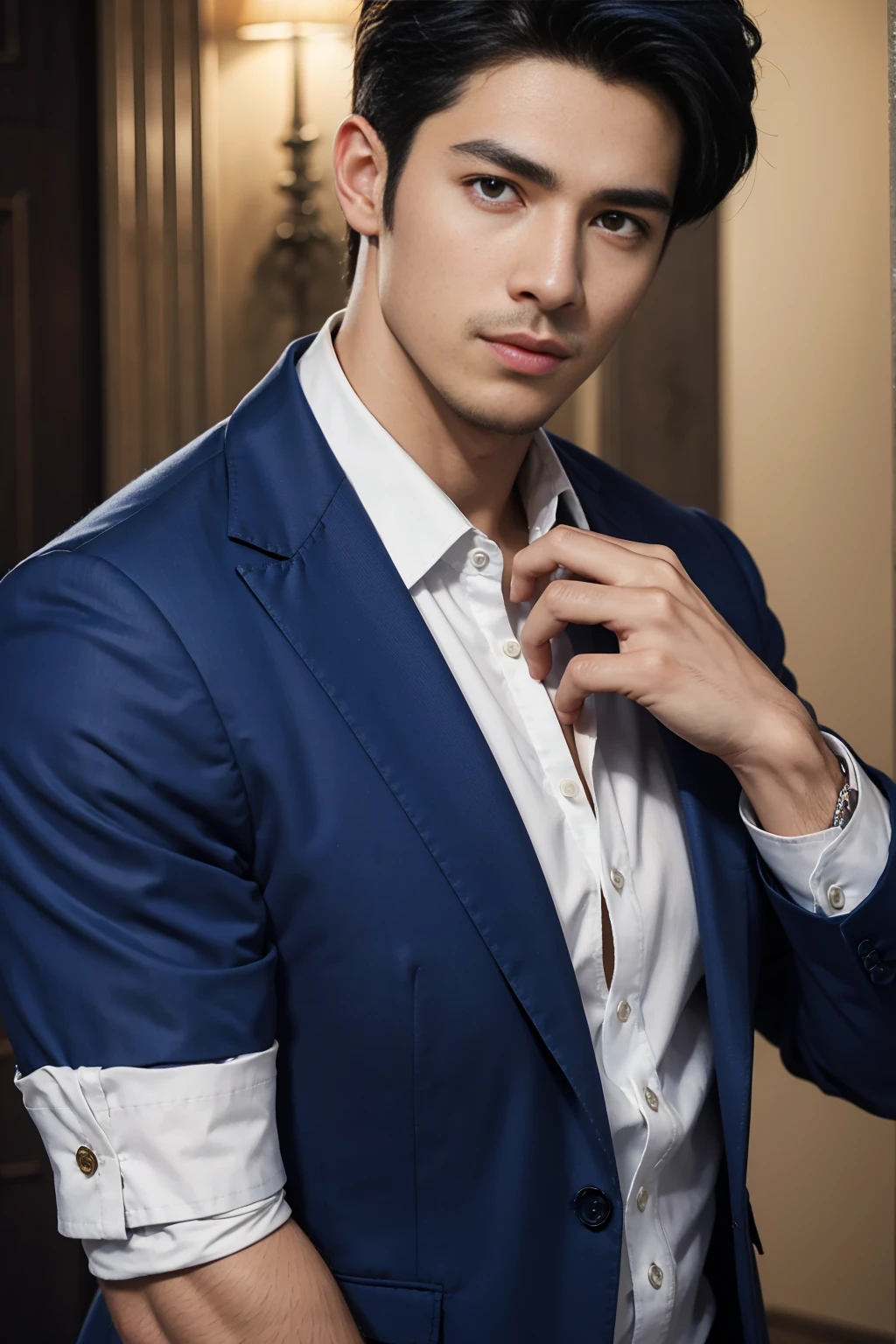 ((masterpiece)),((best quality)),8K,high detail,Very detailed, Very manly,3 men, like,fashion pose, Realistic skin texture, Light,
Royal blue style couple,Perfect hand details