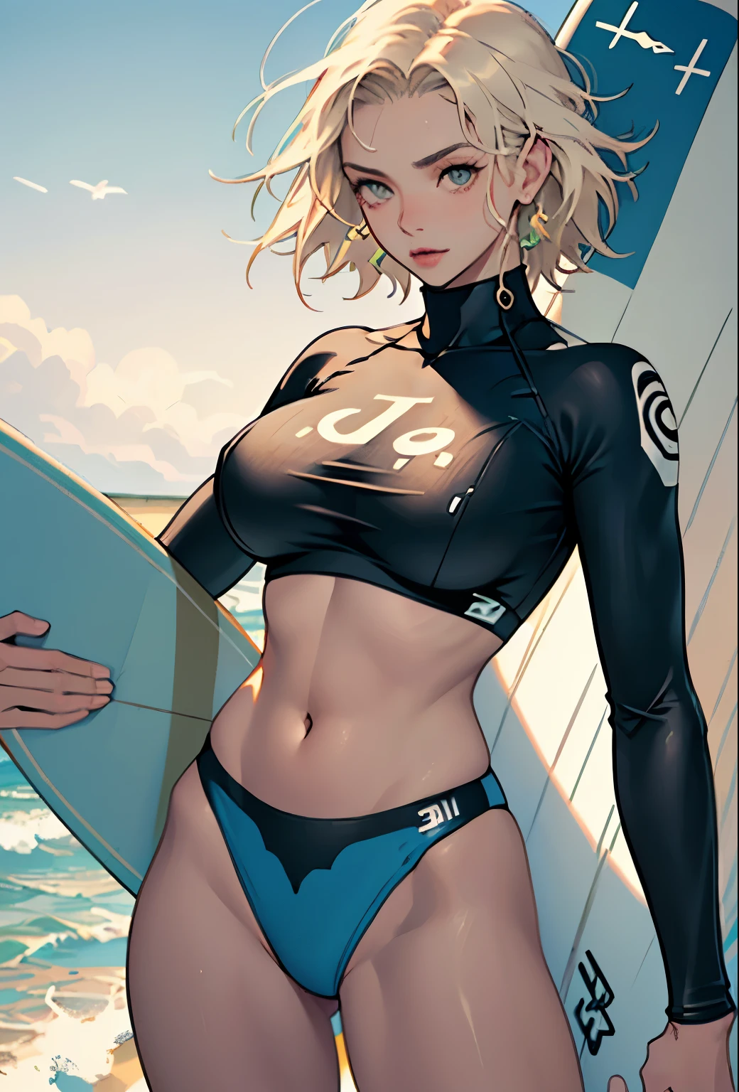 masterpiece, (Textured skin), Highest quality, Gorgeous beautiful girl, (female surfer), Detailed clothing,Large Breasts,Tight waist,, (Beautiful Face), Cinema Lighting, (At the surfing venue ), Holding the board,