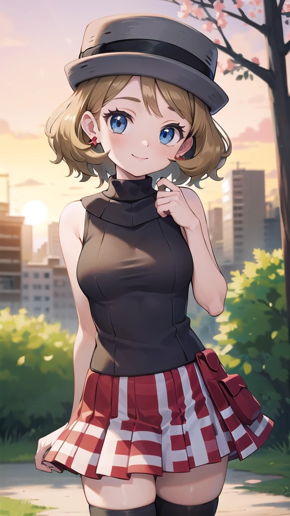 Masterpiece, perfect lighting, (beautiful, Best quality: 1.3), Perfect eyes, perfect anatomy, absurd, 8k, ccserena, solo, short hair, smile, in loved, (gray hats: 1.2), earrings, eyelashes, blue eyes, gray sweater, vest , sleeveless turtleneck, bare arms, plaid skirt, red skirt, thigh highs, black stockings, with arms wide open, in the park at sunset