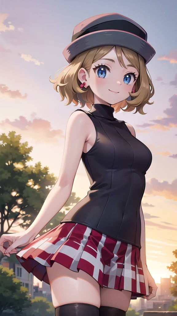 Masterpiece, perfect lighting, (beautiful, Best quality: 1.3), Perfect eyes, perfect anatomy, absurd, 8k, ccserena, solo, short hair, smile, in loved, (gray hats: 1.2), earrings, eyelashes, blue eyes, gray sweater, vest , sleeveless turtleneck, bare arms, plaid skirt, red skirt, thigh highs, black stockings, with arms wide open, in the park at sunset