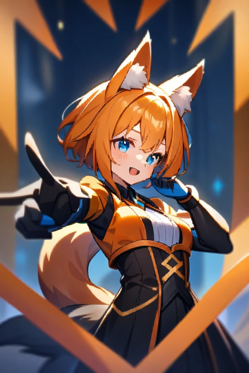 Fox girl ears and tail Black and orange costume with blue details Heroine style Full HD