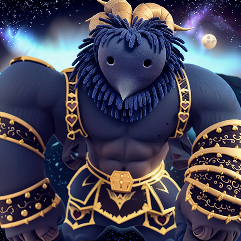 Full body view, a gigantic, colossal divine creature, dark blue fur around the neck, white heart-shaped mask, horns extending back, dressed in gold armor with hearts as a symbol, elephant feet, creative writing tattoo ancient, fluorescent tattoo