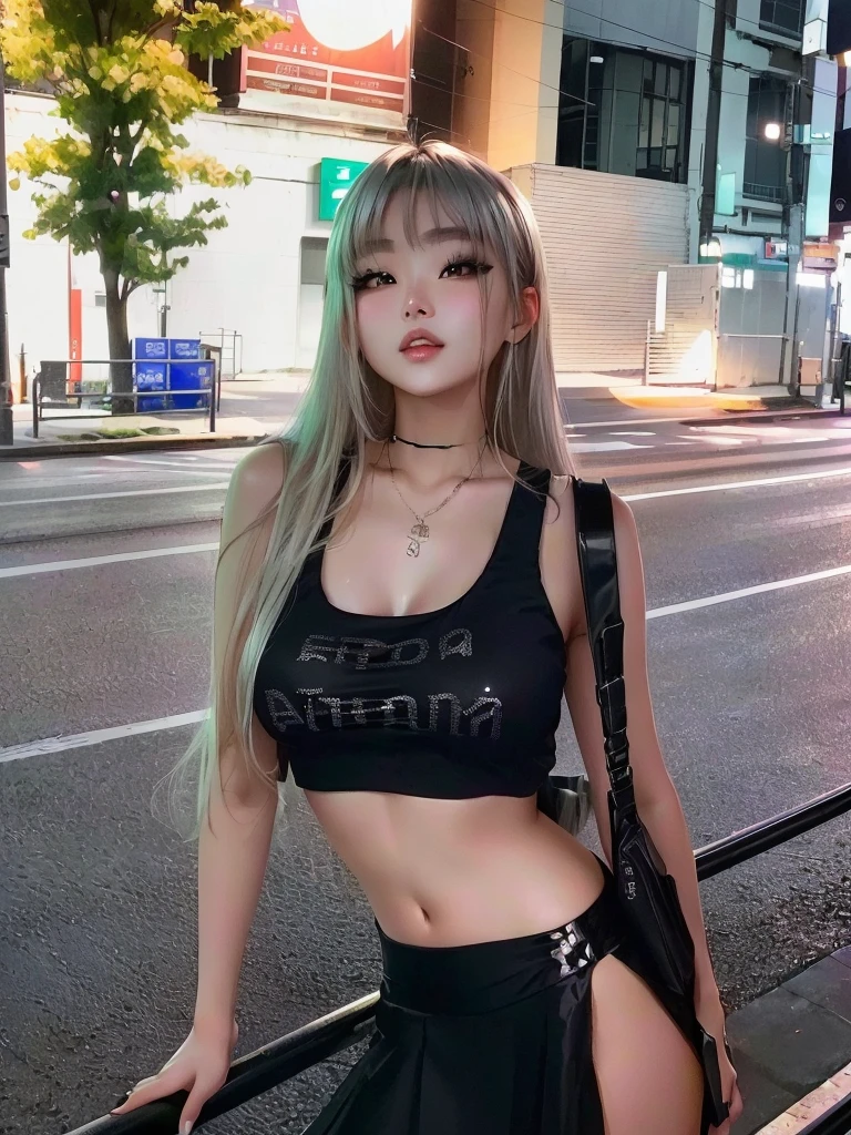 araffed woman in a black top and black skirt posing on a rail, korean girl, beautiful south korean woman, gorgeous young korean woman, misa amane *, she is wearing a black tank top, 2 4 year old female model, korean woman, misa amane, sakimichan hdri, sakimichan, tight black tanktop